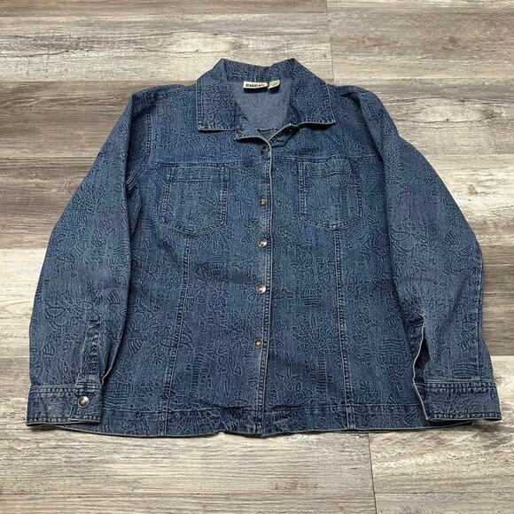 Vintage 90s Chicos Design Floral Blue Womens 2 Stretch Snap Front Denim Jacket - Picture 2 of 8